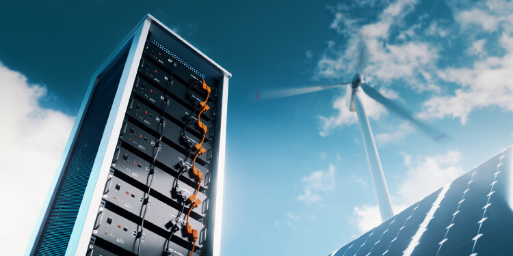 The image depicts an energy storage system with lithium battery modules, accompanied by a solar panel and wind turbine in the background. 3D rendering.